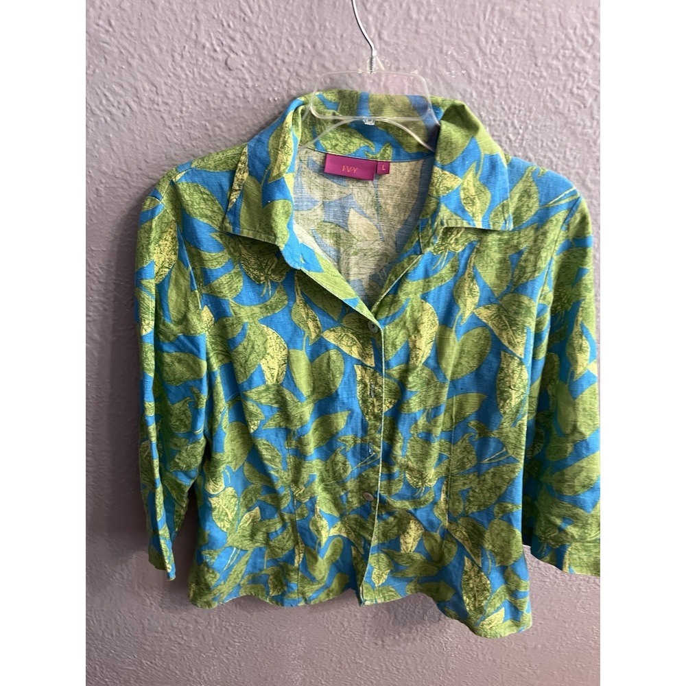 Women Blue‎ & Green Ivy Button Up Top 3/4 Sleeve Linen Size Large